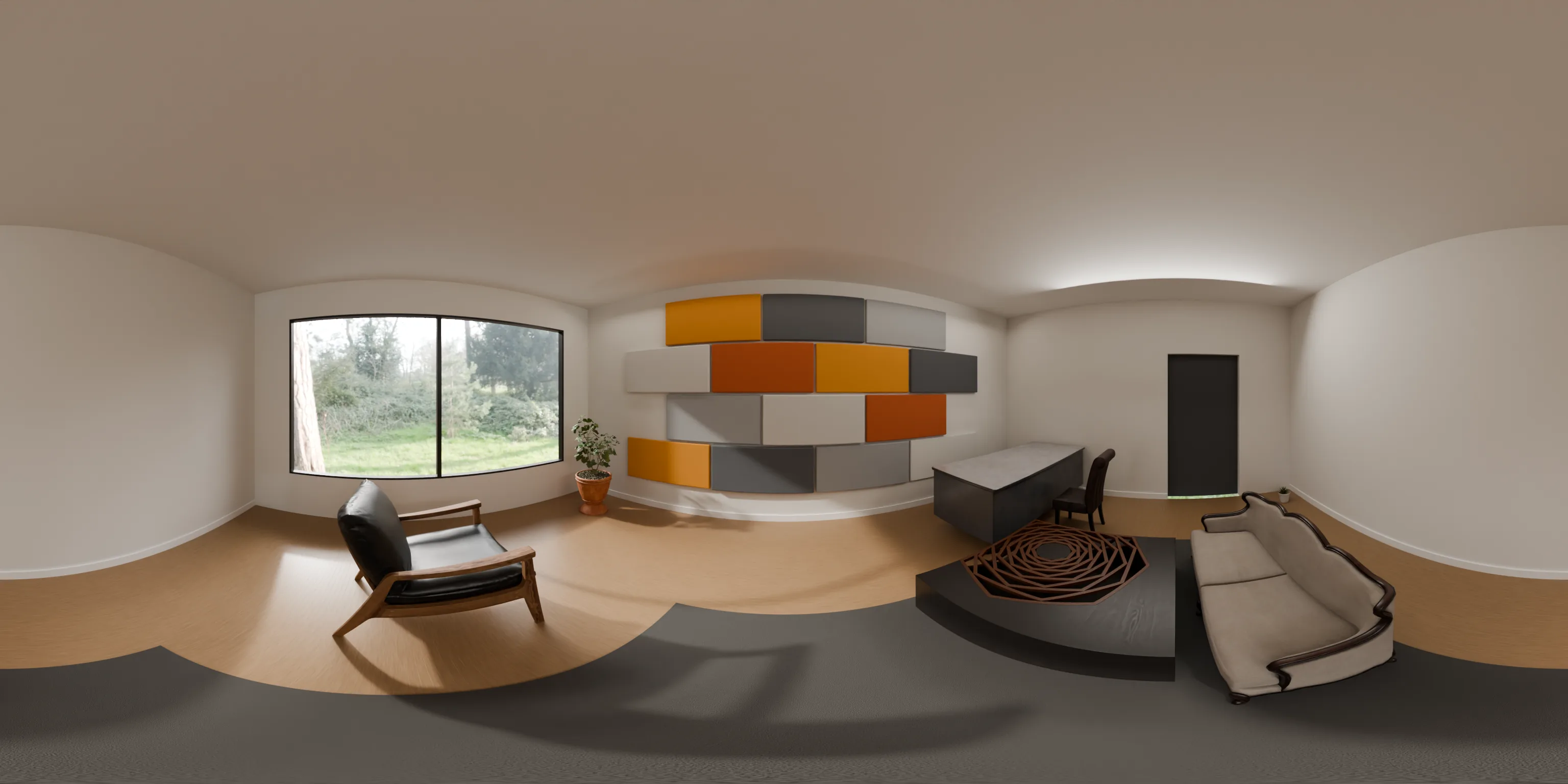 A 360-degree view of a room finished with fabric-wrapped acoustic panels